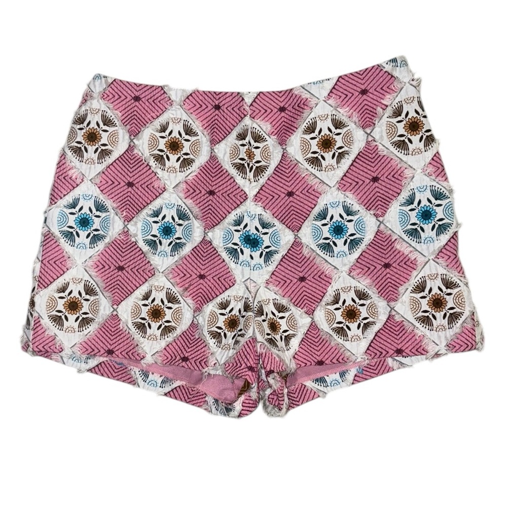 LN Anna Sui RARE Pink Quilt Patchwork Fringe High Waist Shorts - 6